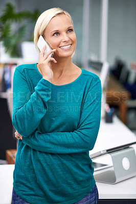 Buy stock photo Business woman, phone call and smile in office for networking, contact and negotiation. Corporate person, smartphone and happy for conversation, communication and mobile connection in workplace