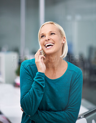 Buy stock photo Woman, phone call and laugh with thinking in office for networking, contact or negotiation. Business person, smartphone and excited for conversation, communication and mobile connection in workplace