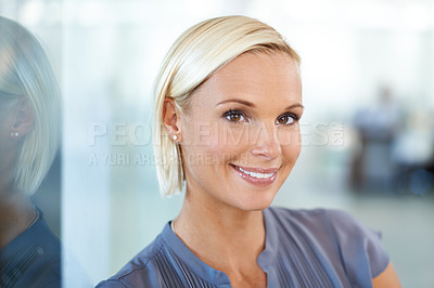 Buy stock photo Portrait, glass and woman with smile, confidence and opportunity in consulting business career. Face, office and happy businesswoman with pride at human resources agency with professional office job