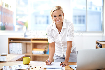Buy stock photo Success, smile and portrait of a businesswoman in her office writing on paper for startup planning. Confidence, happy and professional female hr manager working on a company report in the workplace.