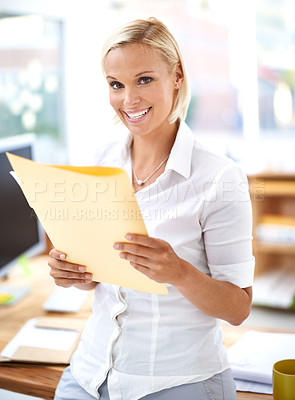 Buy stock photo Woman, portrait and document with smile in office to start morning pride, confidence and review at law firm. Attorney, lawyer and advocate with folder, paperwork and legal information in workplace