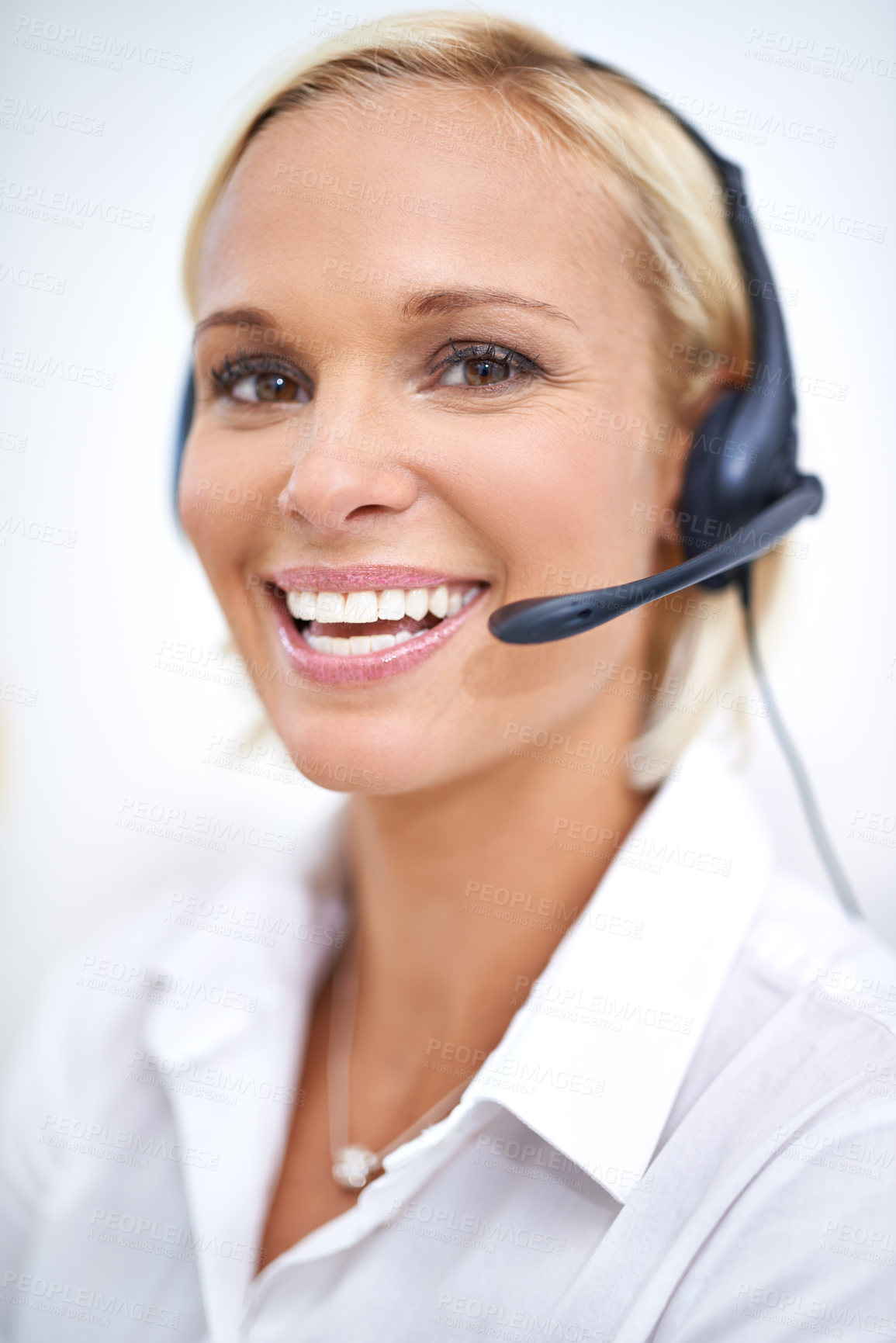 Buy stock photo Woman, smile and portrait in call center with mic for networking, telemarketing and contact at crm job. Person, happy and headphones with voip for communication, customer service or technical support