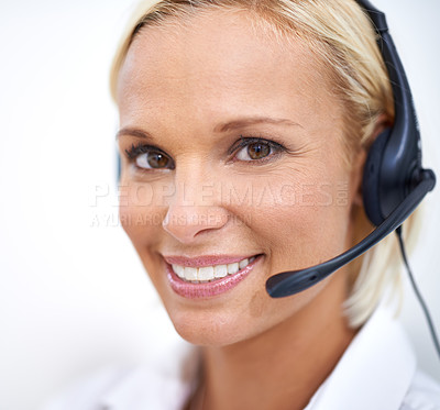 Buy stock photo Woman, happy and portrait in call center with mic for networking, telemarketing and contact at crm job. Person, smile and headphones with for voip communication, customer service and tech support