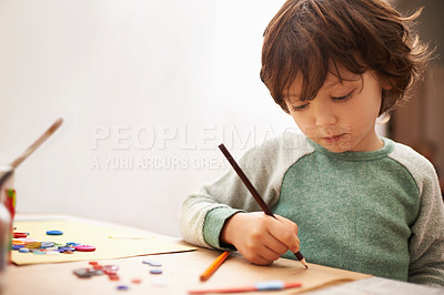 Buy stock photo Little boy, drawing and writing with pencil for art, craft or color in learning creativity or education at home. Young child for sketching, artwork or creative imagination in childhood development