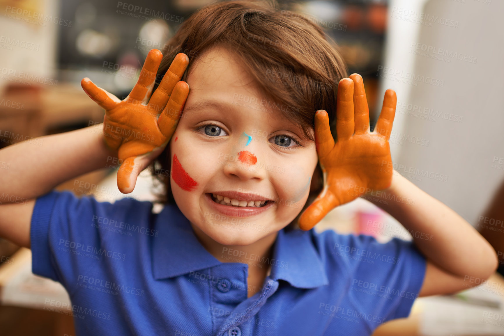 Buy stock photo Happy child, portrait and face paint with color for artwork, craft or creativity at elementary school. Little male person, boy or kid with smile for colorful art, youth or early childhood development