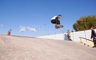 Buy stock photo Skateboard, energy and man with ramp, training and people with competition and challenge with performance. Adventure, jump or skater with practice for technique and cardio with balance or sunshine