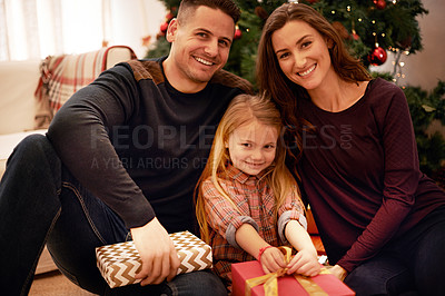 Buy stock photo Portrait of a young family celebrating Christmas