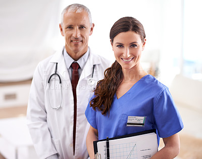 Buy stock photo Portrait of two friendly medical professionals