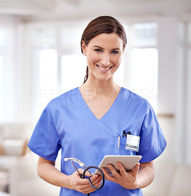 Buy stock photo Portrait, tablet and doctor woman in scrubs for medical, results, information or health insurance. Hospital, lens flare and female professional with technology for smile, care and support in clinic