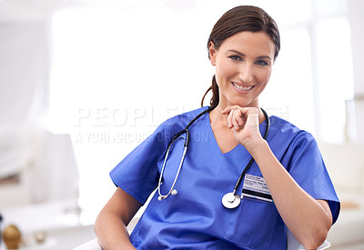 Buy stock photo Nurse, portrait and healthcare worker in scrubs at hospital, medical center or clinic. Happy, lens flare and confident female medicine professional for trust, support and wellness internship