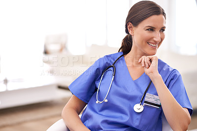 Buy stock photo Thinking, nurse and happy woman in hospital for healthcare, medicine or wellness of person. Vision, medical professional and smile of surgeon, employee or expert doctor planning future in clinic