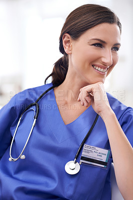 Buy stock photo Thinking, nurse and happy woman in hospital for medicine, healthcare or wellness of person. Vision, medical professional and smile of surgeon, employee or expert doctor planning future in clinic