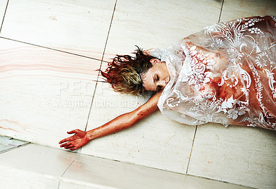 Buy stock photo A cropped shot of a murder victim in her bathroom