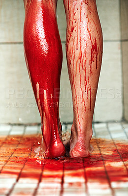 Buy stock photo A cropped shot of a woman covered in blood standing in the shower