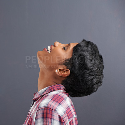 Buy stock photo Happy, profile and Indian person with calm with gray background at a creative agency office. Hipster, relax and employee smile with modern and casual clothing with worker fashion of a professional