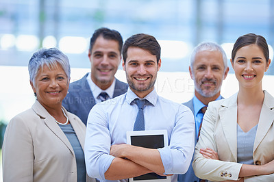 Buy stock photo Meeting, tablet and portrait of business people for teamwork, brainstorming ideas and discussion. Corporate, collaboration and men and women with technology, documents and online report for project