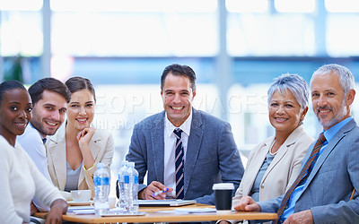 Buy stock photo Meeting, teamwork and portrait of business people for discussion, planning and collaboration. Corporate, office diversity and men and women with technology, documents and online report for project