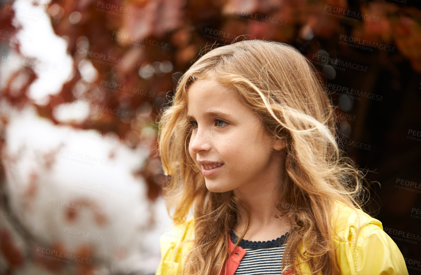 Buy stock photo Smile, raincoat and happy girl in Autumn, nature and outdoors for cold weather. Face, child and joyful in cool season and rain on vacation in Scotland, holiday or outside for adventure or travel