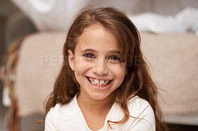 Buy stock photo Portrait, young girl or smile to relax, play or fun in comfortable, childhood or bedroom in Brazil. Happy, female child or playroom as cheerful for free time, leisure or break in weekend recreation