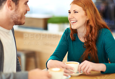 Buy stock photo Restaurant, smile and couple with coffee, love and conversation with marriage and flirt. Cafe, man and woman with morning or bonding together with care or relationship with cappuccino, funny or trust
