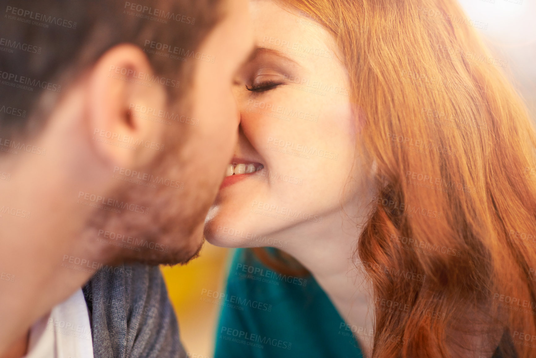 Buy stock photo Couple, date and kiss with romance, smiling and smooch with happiness together. Man, woman and partner for relationship, love and care or flirting on break for relax with bonding on honeymoon