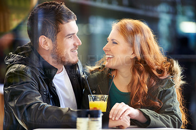 Buy stock photo Look, happy and couple in restaurant for care on date for relationship anniversary with commitment, support and trust. Man, woman and in love together, hand holding and affection in cafe for bonding.