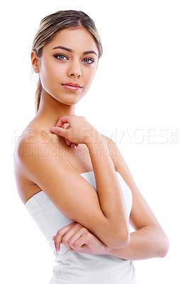 Buy stock photo Skincare, health and portrait of woman in studio for beauty, wellness and facial treatment. Natural, cosmetic and young female person with face dermatology routine for glow by white background.