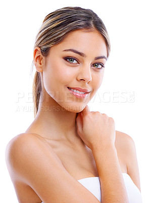 Buy stock photo Woman, smile and portrait for skincare, dermatology and cosmetic treatment for hygiene and wellness. Young person and beautiful for makeup and enzyme for natural, smooth and glow on face for health  