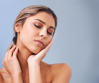 Buy stock photo Beauty, studio and calm woman with skincare from dermatology and self care with peace. Girl, relax and healthy glow on skin from cosmetics, treatment or model with luxury facial in mockup space