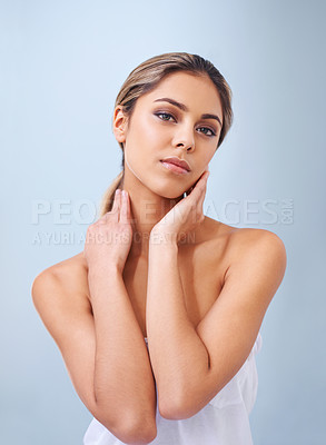 Buy stock photo Natural, beauty and portrait of woman in studio for health, wellness and facial treatment. Skincare, cosmetic and young female person with face dermatology routine for glow by gray background.