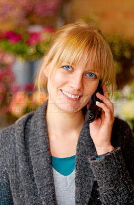 Buy stock photo Portrait, woman and phone call for communication, connection and flowers with girl, smile and talking. Face, Canadian female or lady with smartphone, conversation or happiness with beautiful bouquets