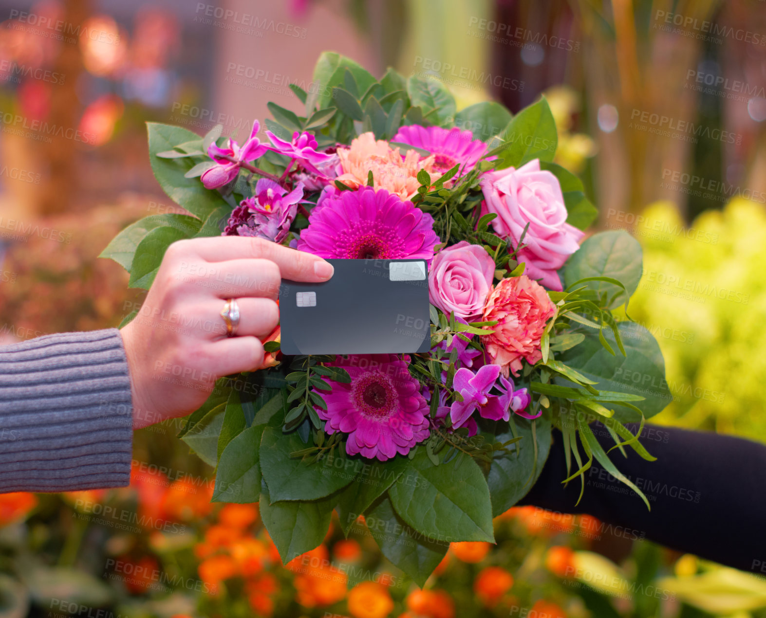 Buy stock photo Florist, flowers and hand of woman with credit card for payment, tap and floral purchase. Closeup of flower, bouquet and customer shopping for fresh and roses at a nursery with debit card for billing