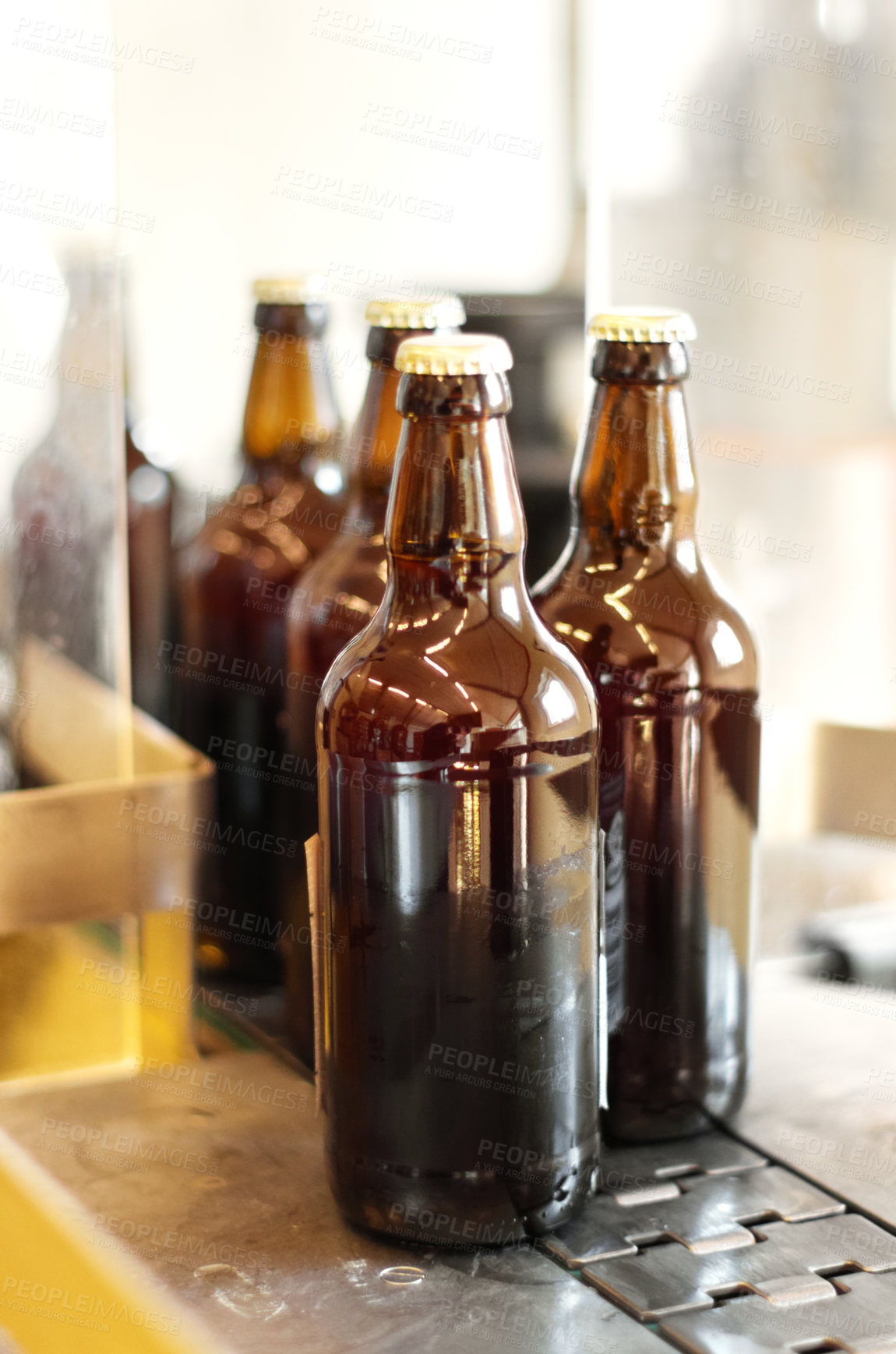 Buy stock photo Assembly line, beer and bottles in factory, brewery or manufacturing plant. Alcohol glass, conveyor machine and automation of production in warehouse for industrial process in alcoholic industry.