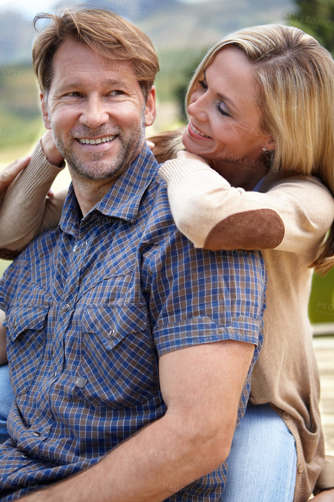 Buy stock photo Smile, love and couple on vacation at countryside in summer for holiday getaway and bonding together. Woman, man and happy in nature for weekend travel, adventure and tourism outdoors in Europe