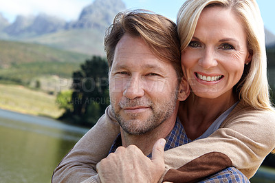 Buy stock photo Nature, happy and portrait of couple at countryside for summer vacation, holiday and bonding by river. Man, woman and trees with lake for weekend adventure, travel and tourism together in Europe