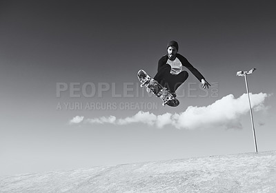 Buy stock photo Man, skateboard and jump at skatepark for practice or hobby for trick, training and workout. Monochrome,  exercise and experience on break or leisure to enjoy for activity, sport and play for fitness
