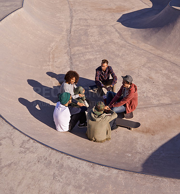 Buy stock photo Group, skate park and friends with conversation, sunshine and recreation with weekend break and team. People, outdoor and skaters with summer and hobby with diversity and support with discussion