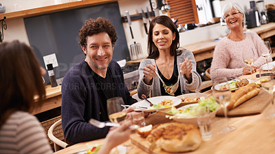 Buy stock photo Laughing, conversation and family at dinner in dining room for party, celebration or event at modern home. Smile, bonding and people enjoying meal, supper or lunch together with wine at house.