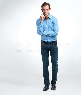 Buy stock photo Thinking, fashion and portrait of businessman in studio with shirt and pants for classy outfit. Smile, idea and full body of professional male person with elegant style for career by white background