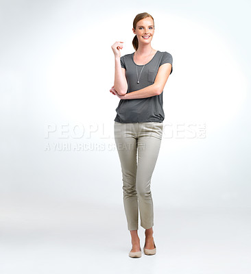Buy stock photo Woman, portrait and confident small business owner in studio, smile and fashion on white background. Female person, entrepreneur and outfit for style in startup company, positive and mockup space