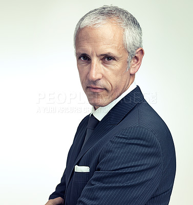 Buy stock photo Businessman, senior and portrait in studio for professional career, corporate culture and serious. Mature person, manager or ceo of lawyer firm or company, leader and isolated on white background
