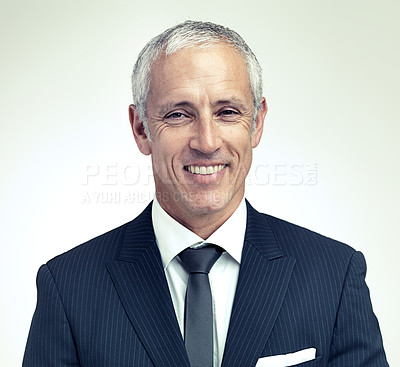 Buy stock photo A cropped portrait of a happy mature man wearing a pinstripe suit