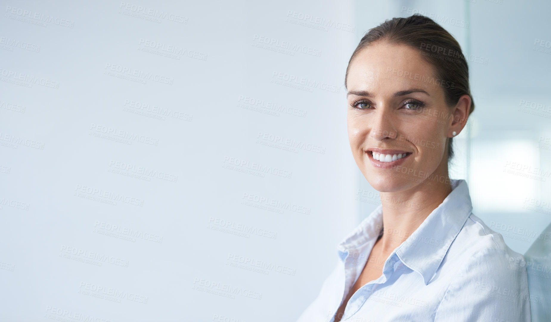 Buy stock photo Happy, office mockup and portrait of woman confident in administration work, company services or business agency. Wall space, face and corporate agent smile for job experience, career and pride