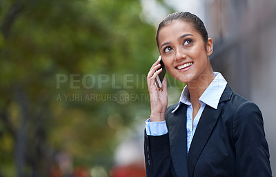 Buy stock photo Businesswoman, talking or thinking of phone call in city commute to work or job on outdoor travel. Speaking, advocate or happy attorney networking with smile or news in modern urban area or Cape Town