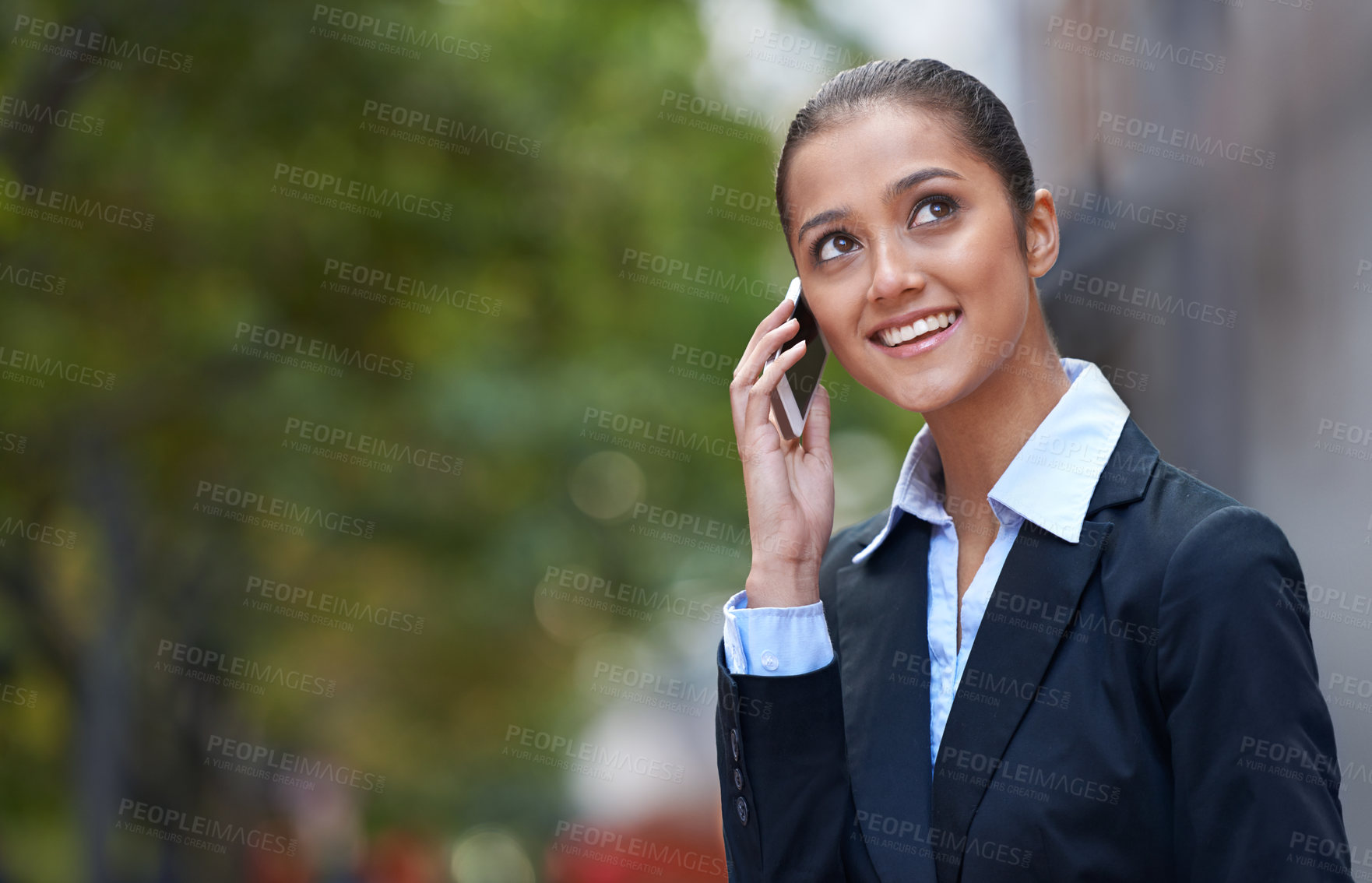 Buy stock photo Businesswoman, talking or thinking of phone call in city commute to work or job on outdoor travel. Speaking, advocate or happy attorney networking with smile or news in modern urban area or Cape Town