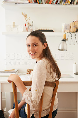 Buy stock photo Portrait, smile and home with teenager, student and relax with education and knowledge in study room. Face, person and girl with information and learning with ideas and creativity with books or notes