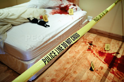 Buy stock photo Shot of a cordoned off bedroom crime scene filled with blood