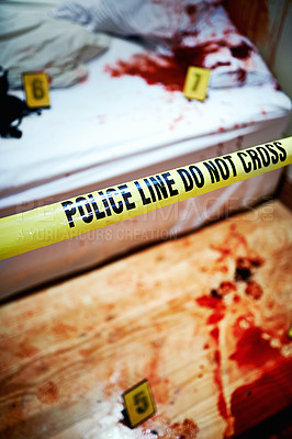 Buy stock photo Shot of a cordoned off bedroom crime scene splattered with blood