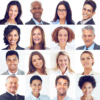 Buy stock photo Face, collage and portrait smile of business people for profile, montage or collection against a white studio background. Happy faces collected in diversity isolated or cropped group smiling together