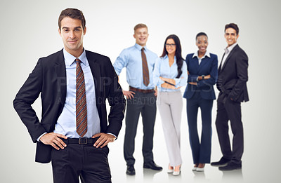 Buy stock photo Businessman, manager and portrait with business people row and confident smile of man in foreground. Professional worker group isolated with full body in business attire on white background.